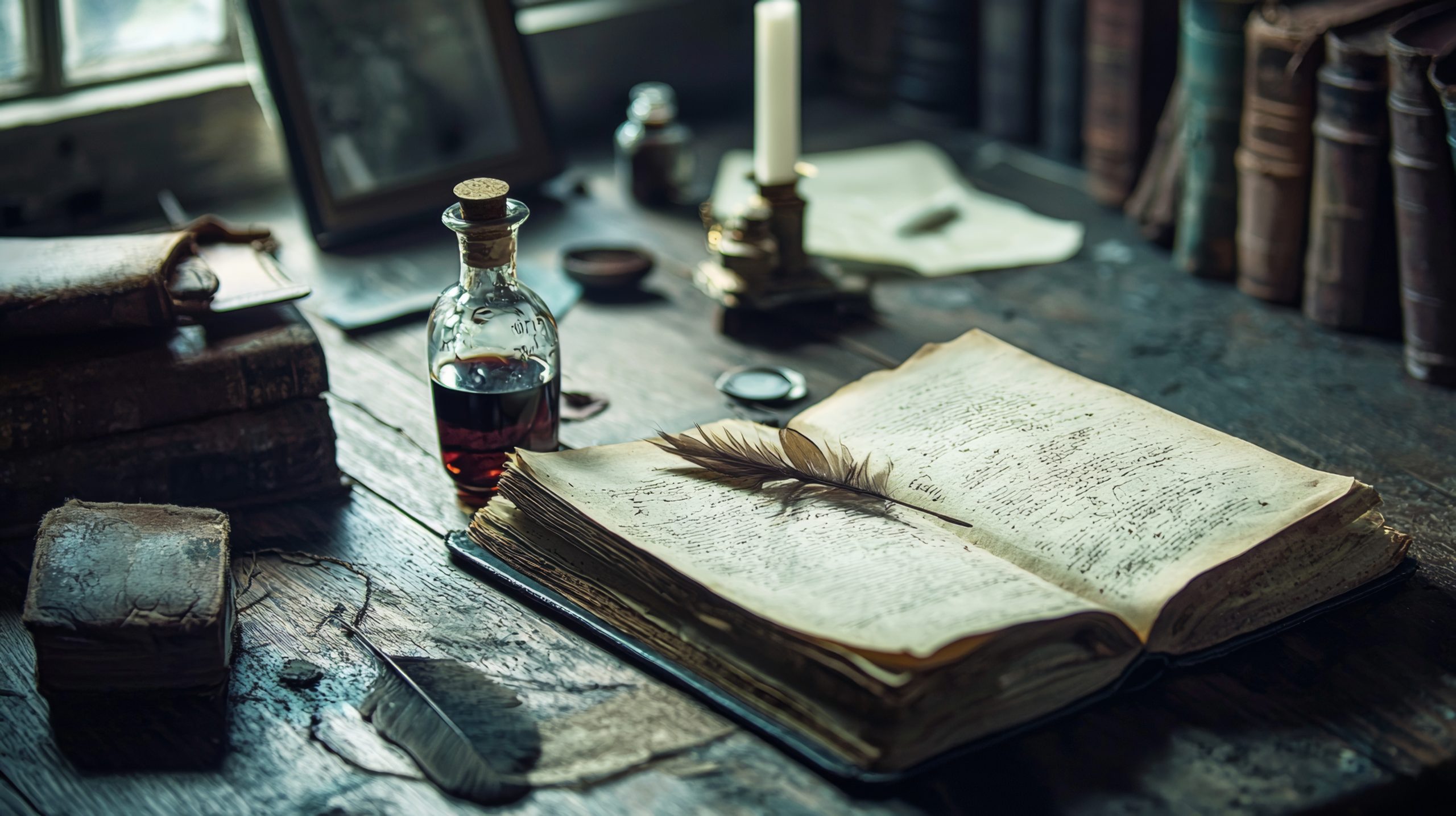 Vintage study with open book and quill on wooden desk