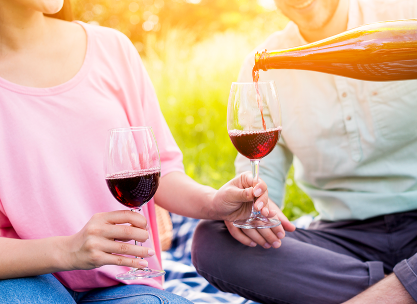 couple-lovers-drinking-red-wine-picnic-1 1